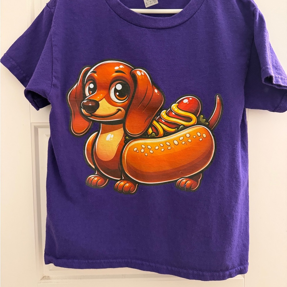 Dachshund Hot Dog Graphic Gildan Purple Kids Tee with Playful